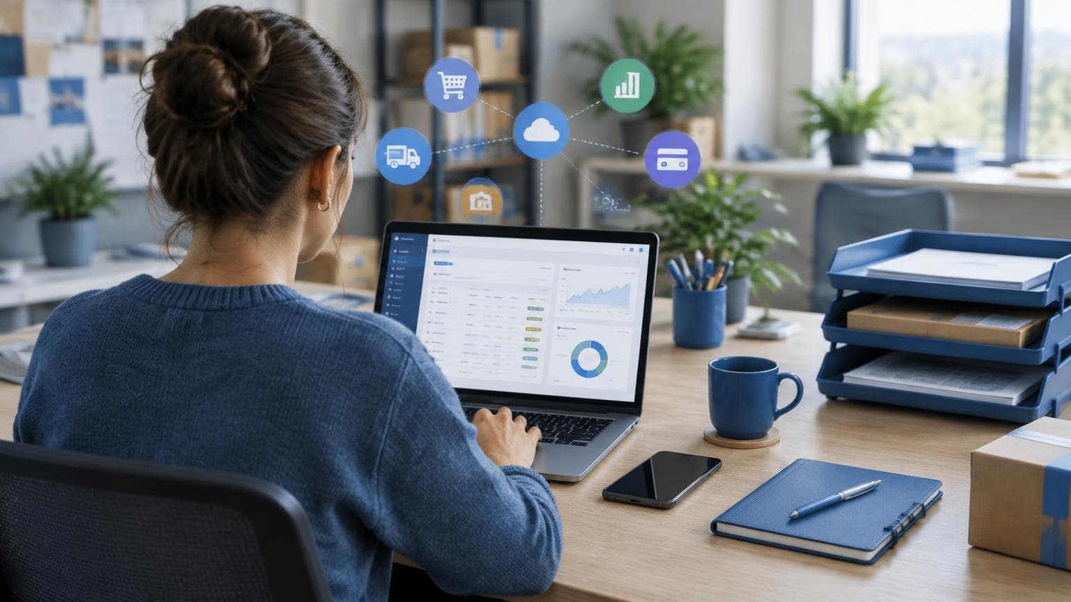 A small business manager coordinating day-to-day workflows on a laptop.