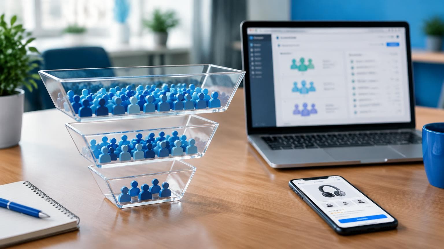 A staged marketing workspace representing the path from interest to conversion.
