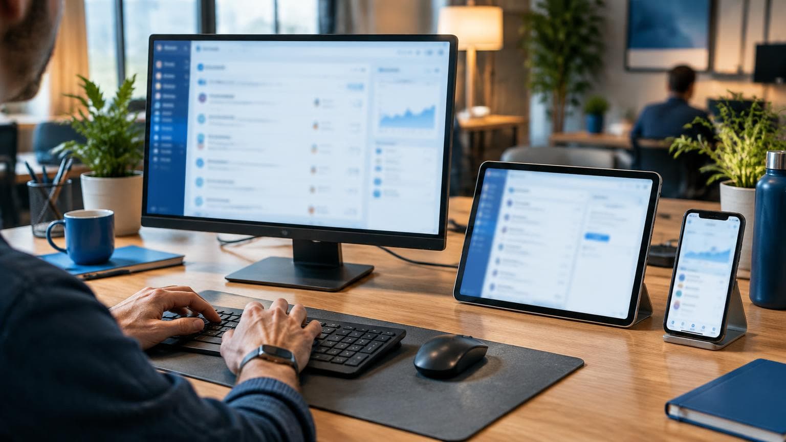 A development workstation with coordinated business applications across devices.