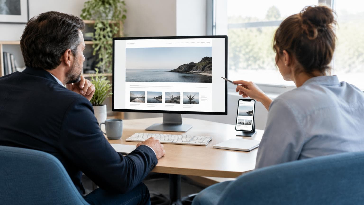 A business owner and designer reviewing a responsive website.