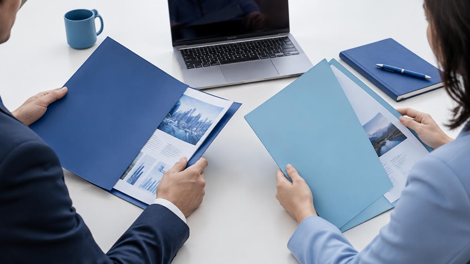 Business owners comparing search marketing proposals at a meeting table.