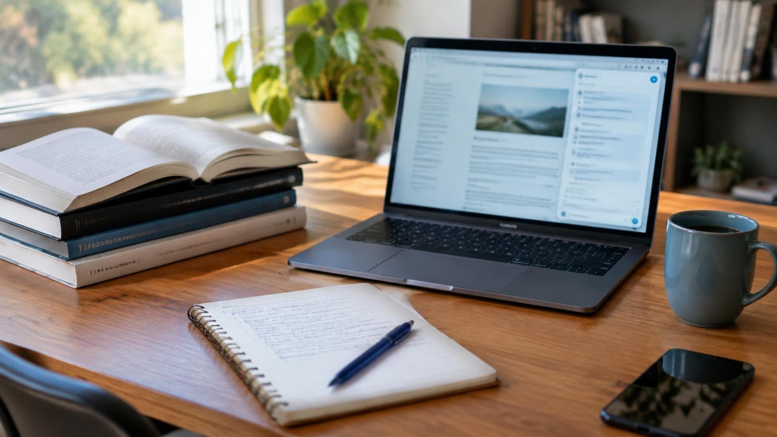 An editorial desk connecting researched content with search visibility.