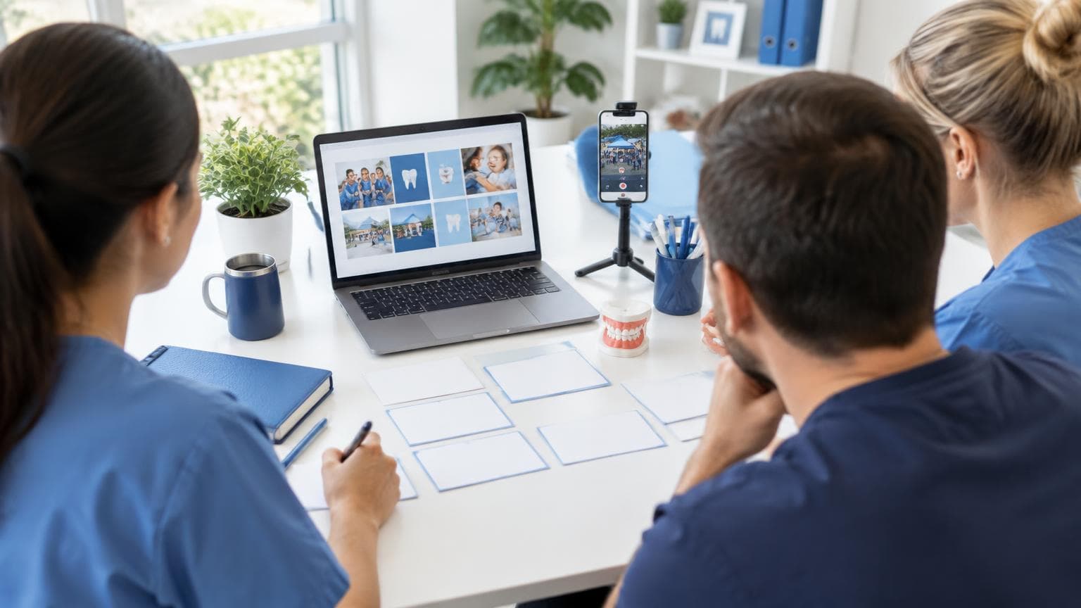 Dental practice outreach planning with digital content tools and a dental model.