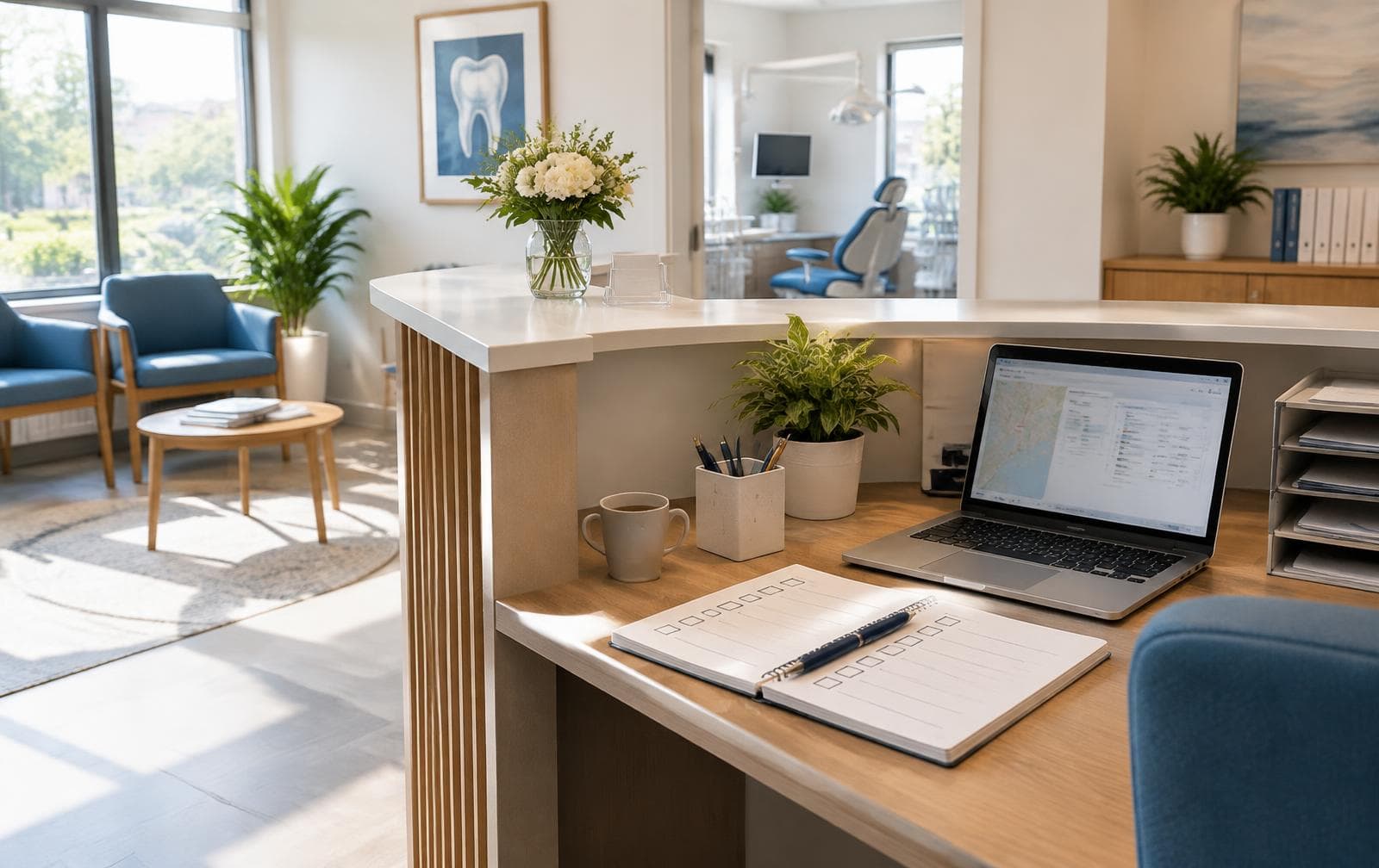Dental clinic reception and workstation prepared for a search visibility audit.