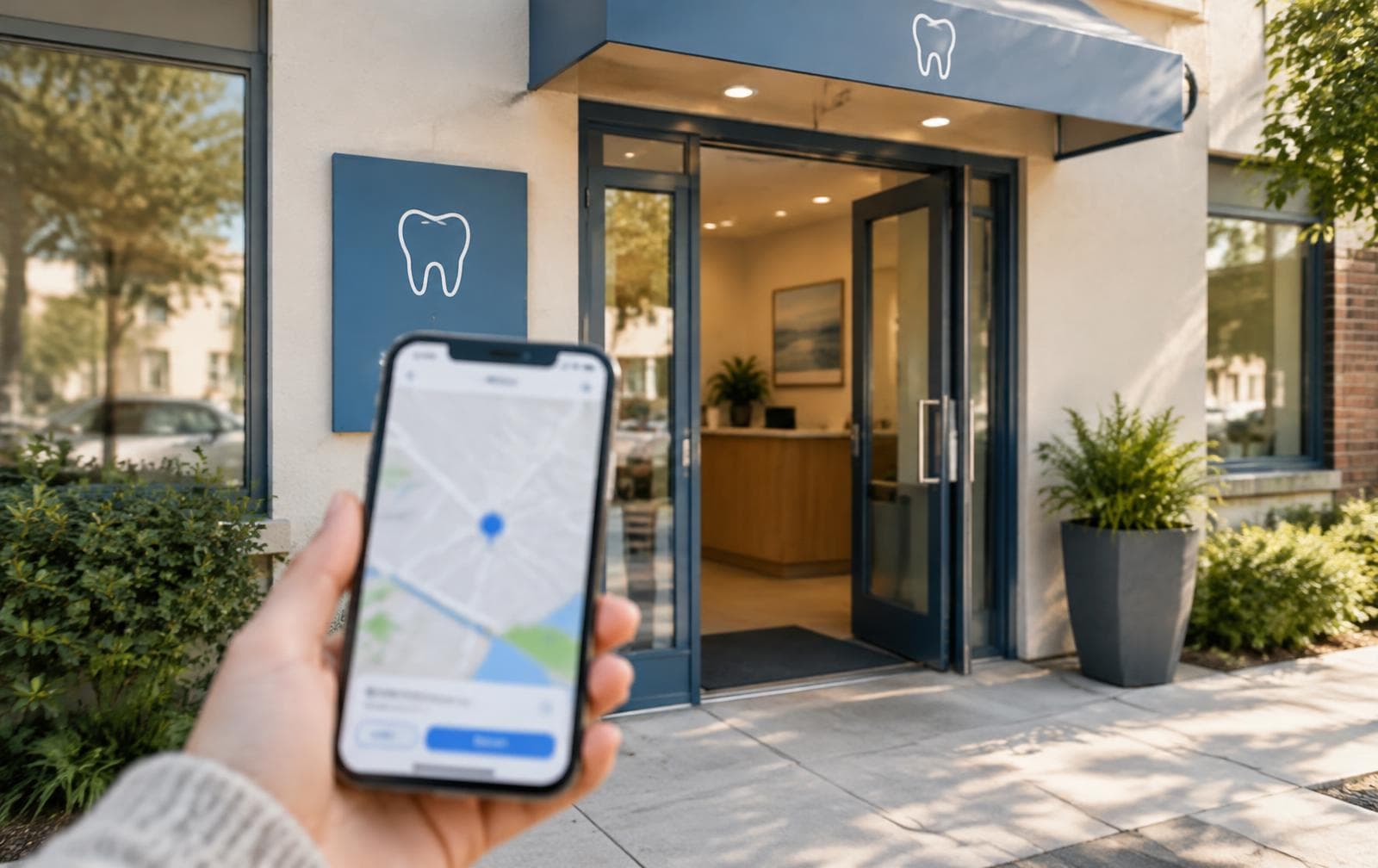 A phone map beside the entrance to a neighborhood dental clinic.