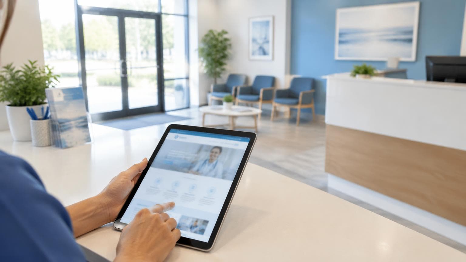 Medical practice reception with a coordinator reviewing the clinic website.
