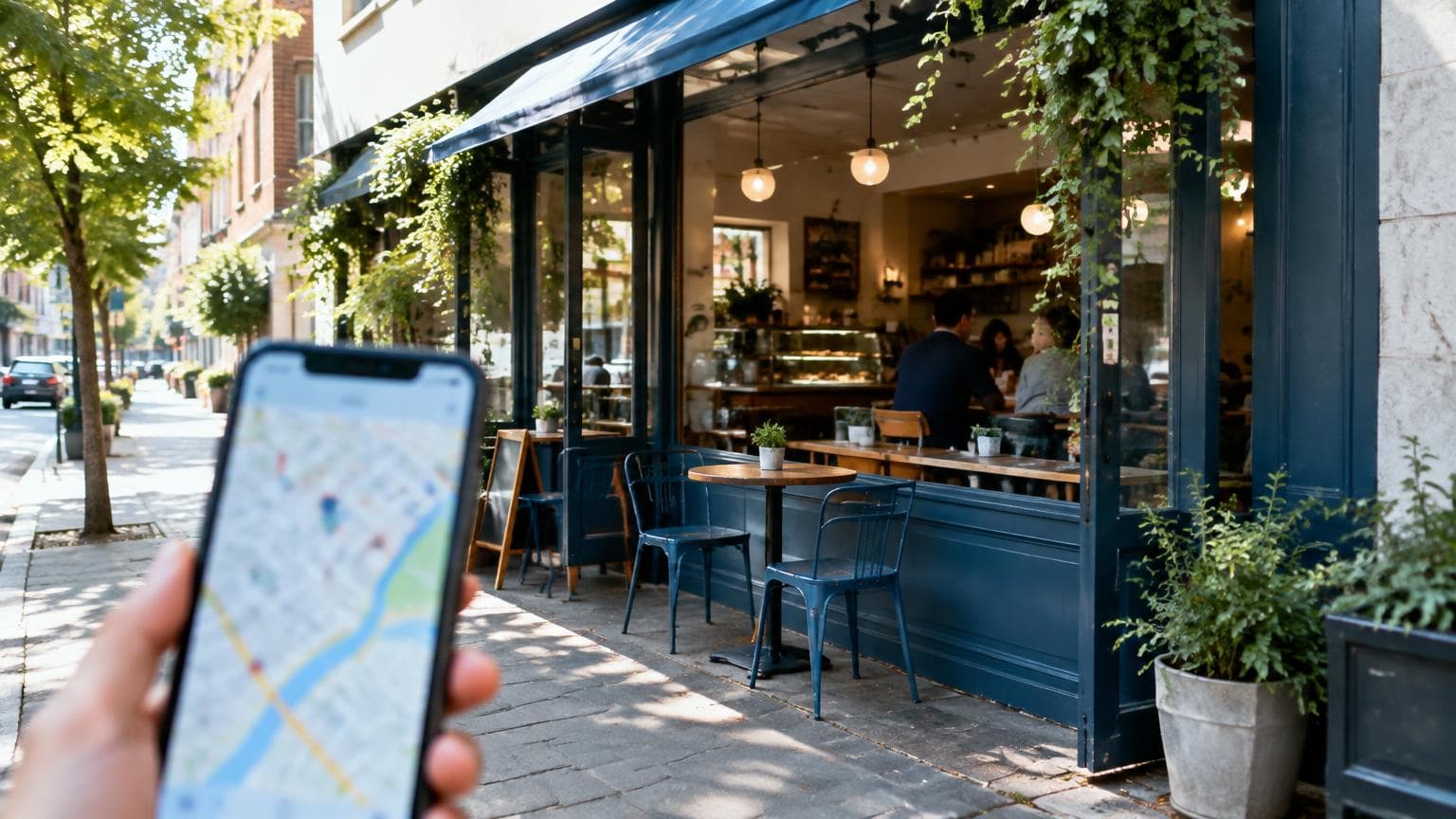 A nearby café viewed alongside a phone with a local search map.