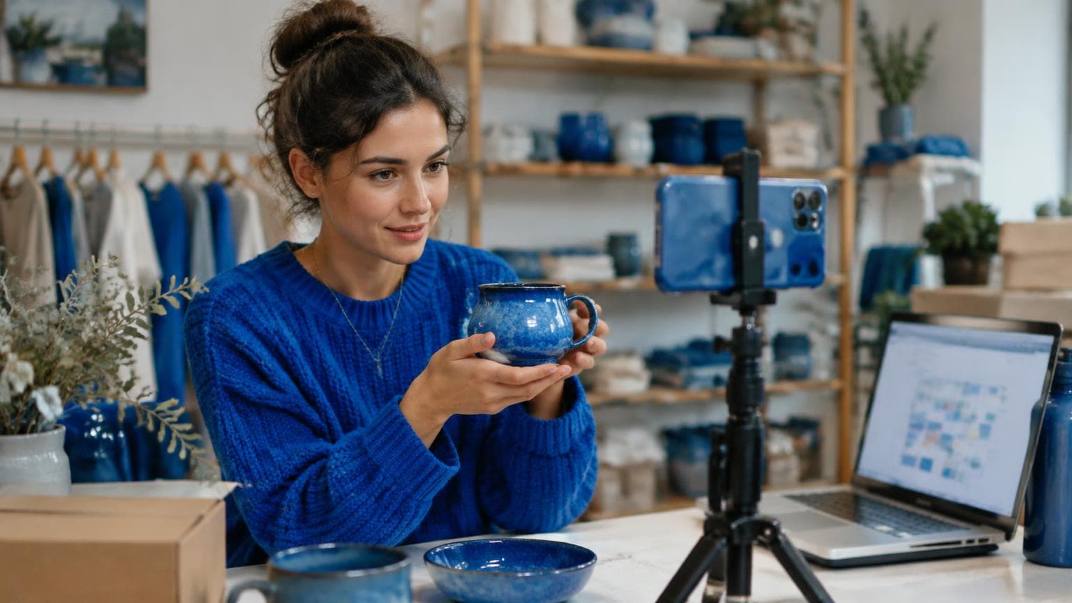 A small business owner preparing social media content for the store.