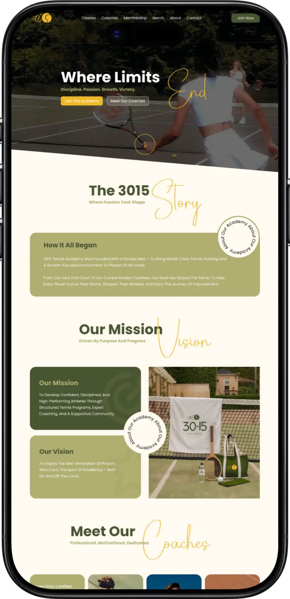 3015 Tennis Academy website shown on a mobile mockup