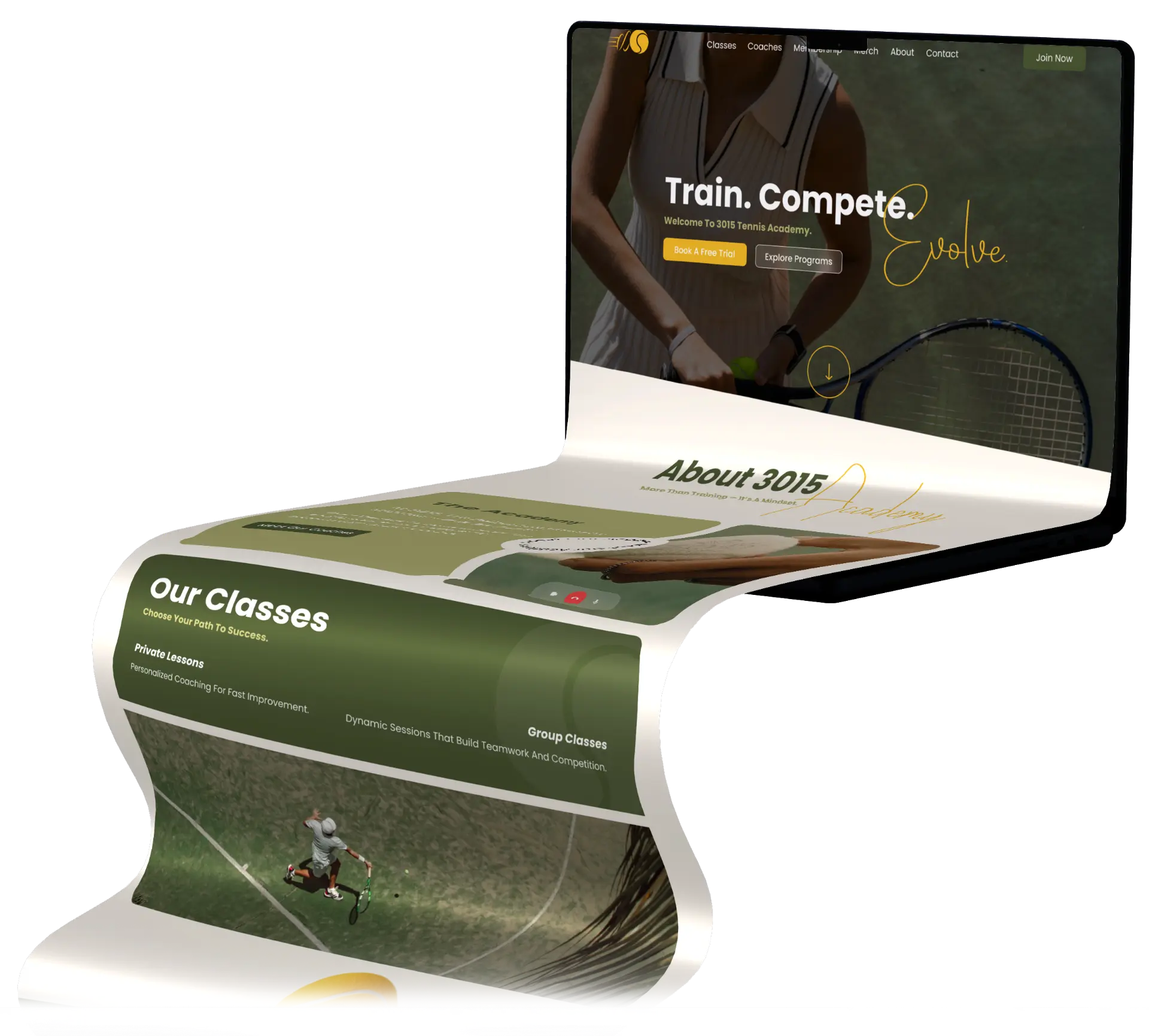 3015 Tennis Academy website displayed on a curved laptop mockup