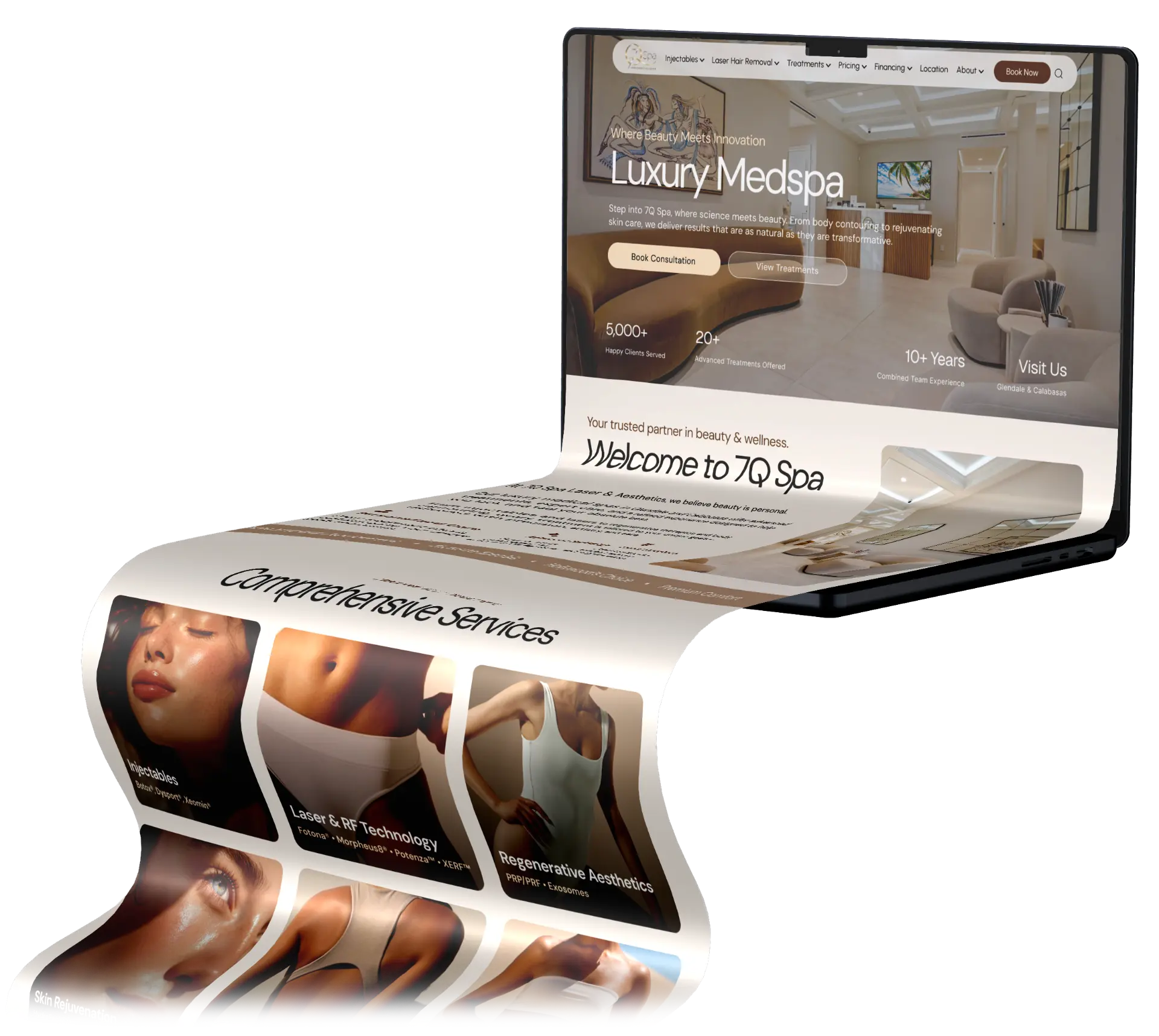 7Q Spa website displayed on a curved laptop mockup