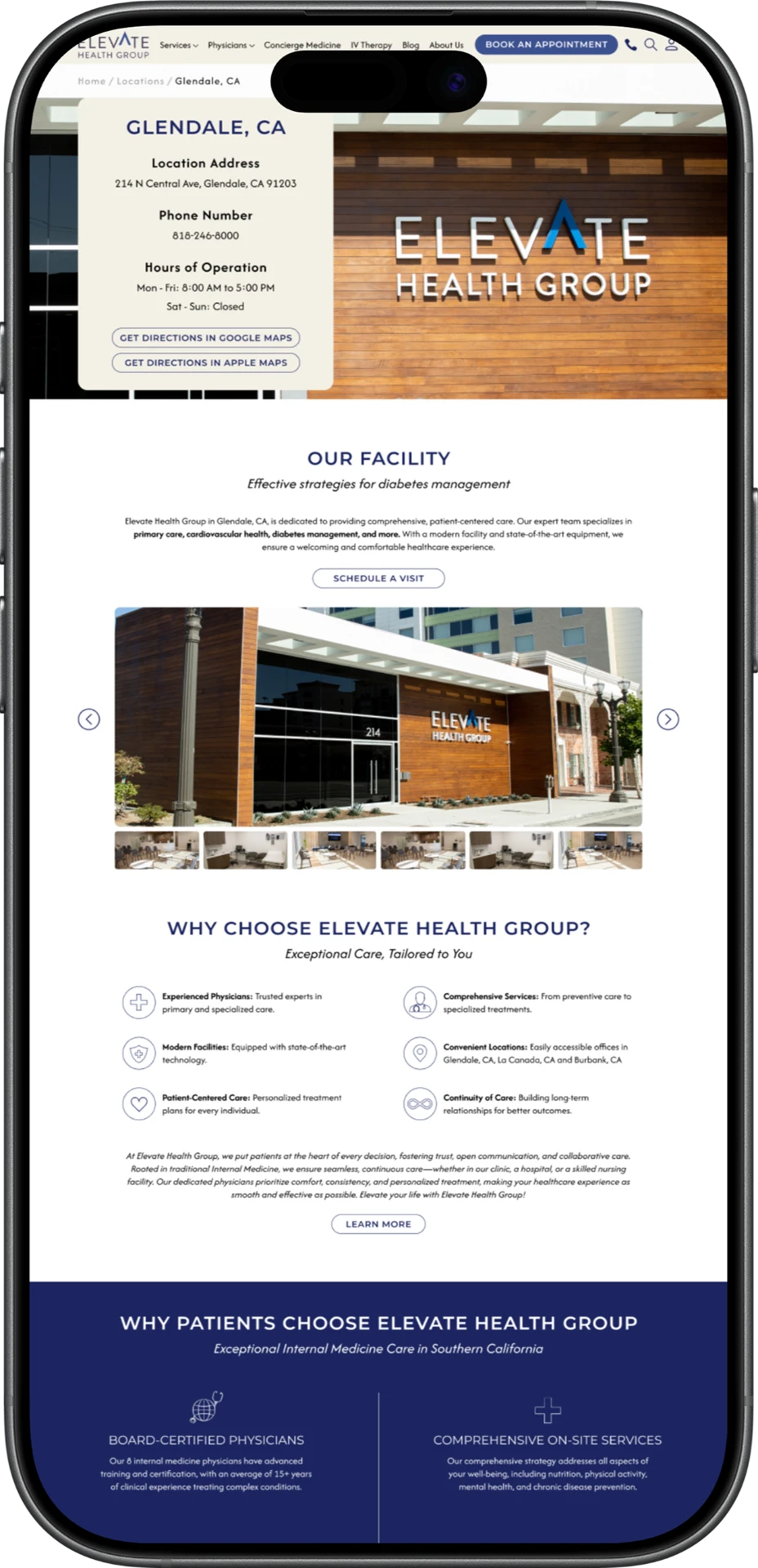 Elevate Health Group mobile website showing the Glendale location and patient information