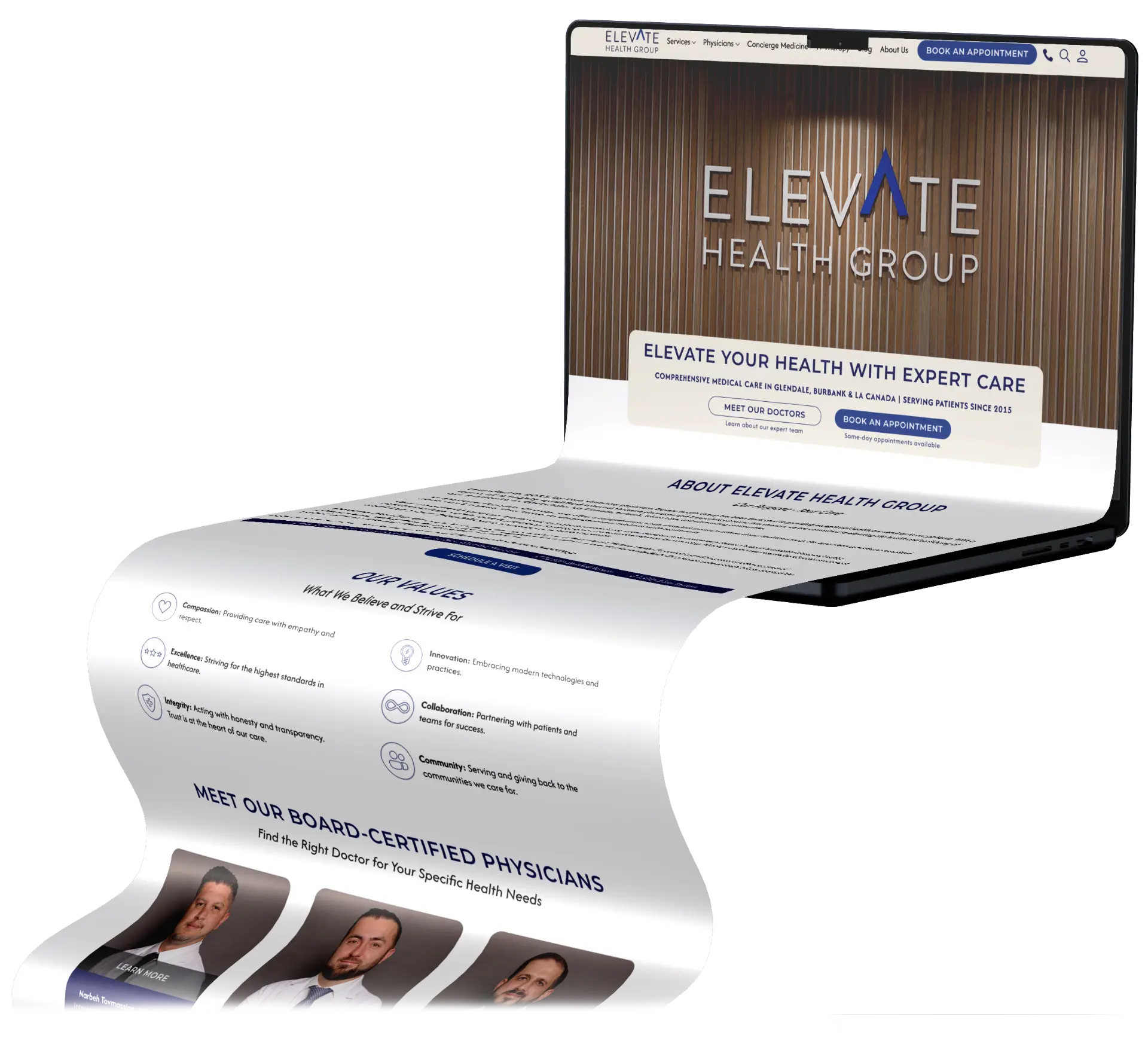 Elevate Health Group website displayed as a scrolling laptop mockup