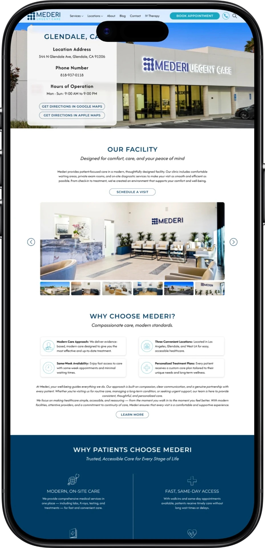 Mederi mobile website showing the Glendale location and patient information