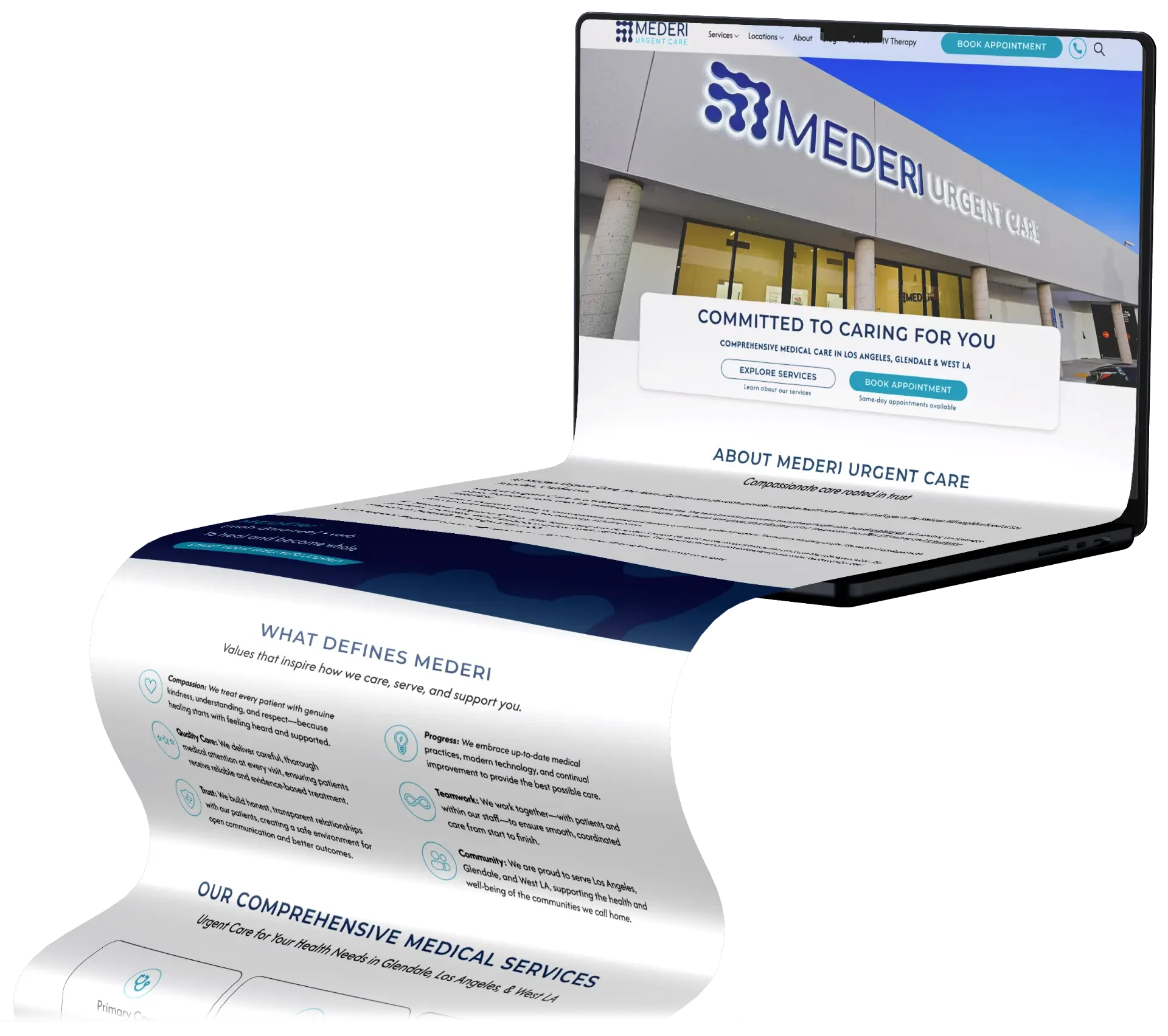 Mederi website displayed as a scrolling laptop mockup
