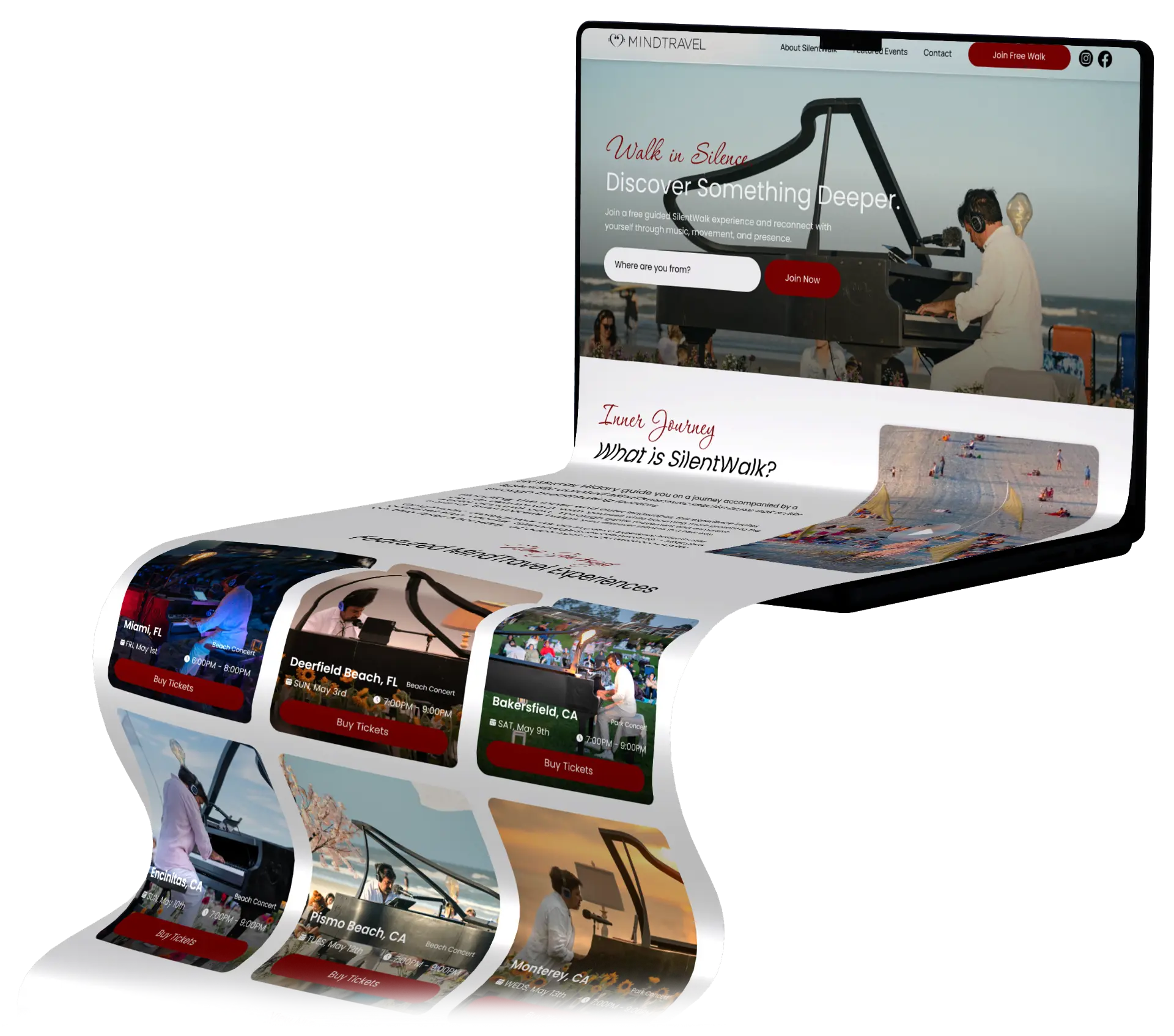 MindTravel multi-city campaign displayed on a laptop mockup