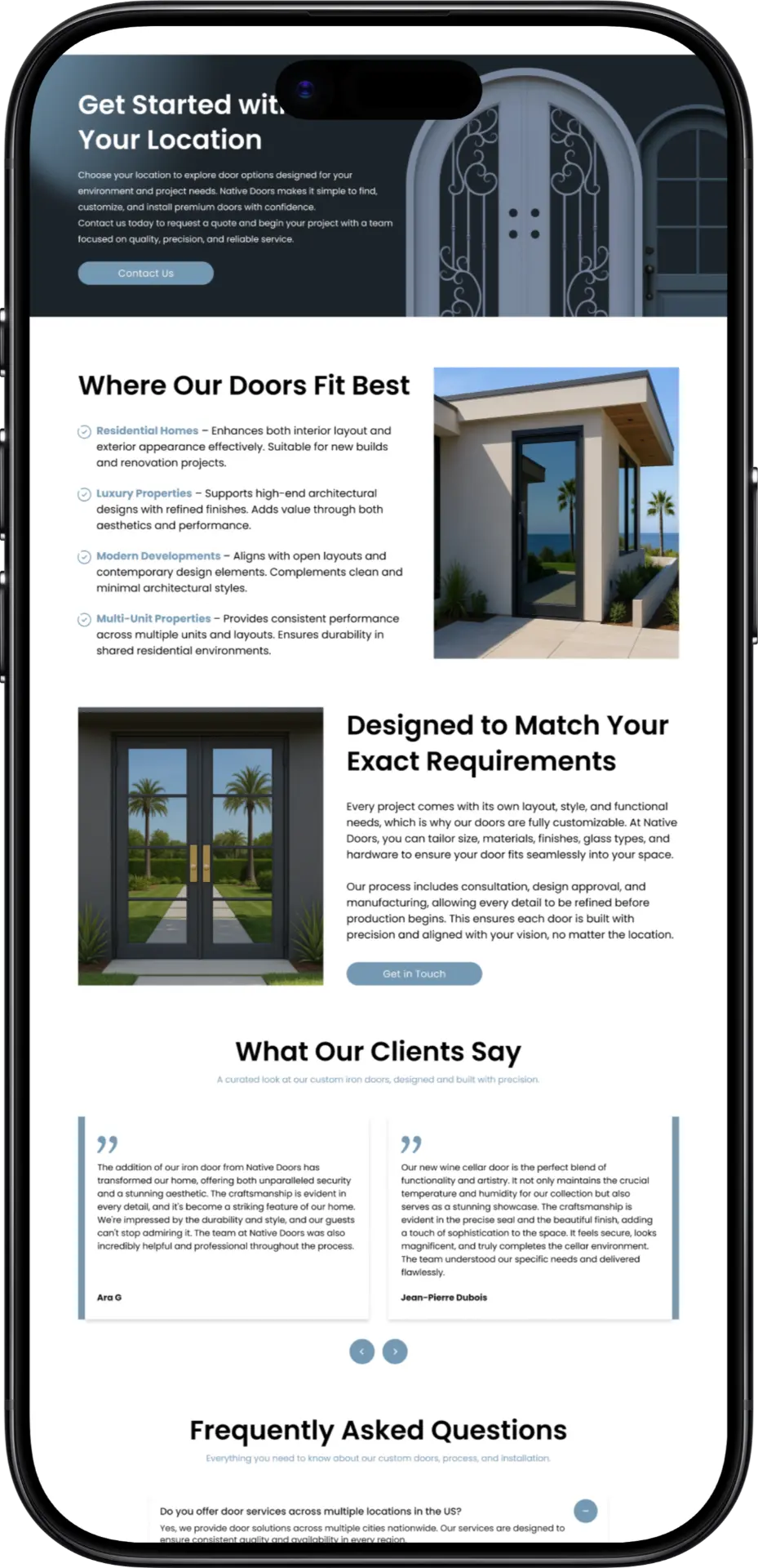 Native Doors website shown on a mobile mockup