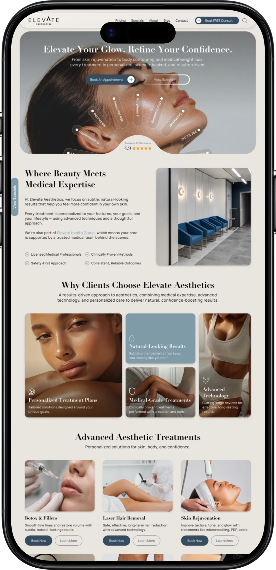 Elevate Aesthetics mobile website showcase