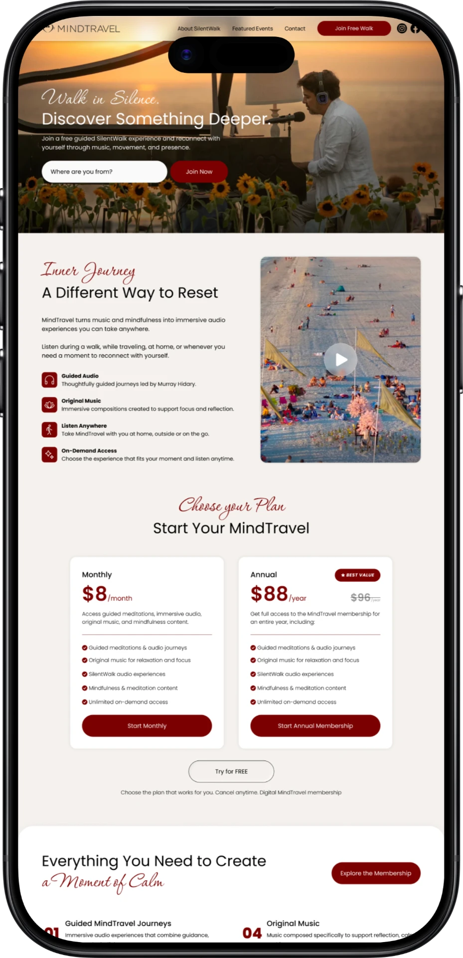 MindTravel event website on phone