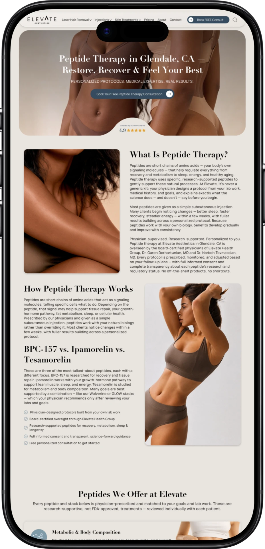 Elevate Aesthetics website shown on a phone