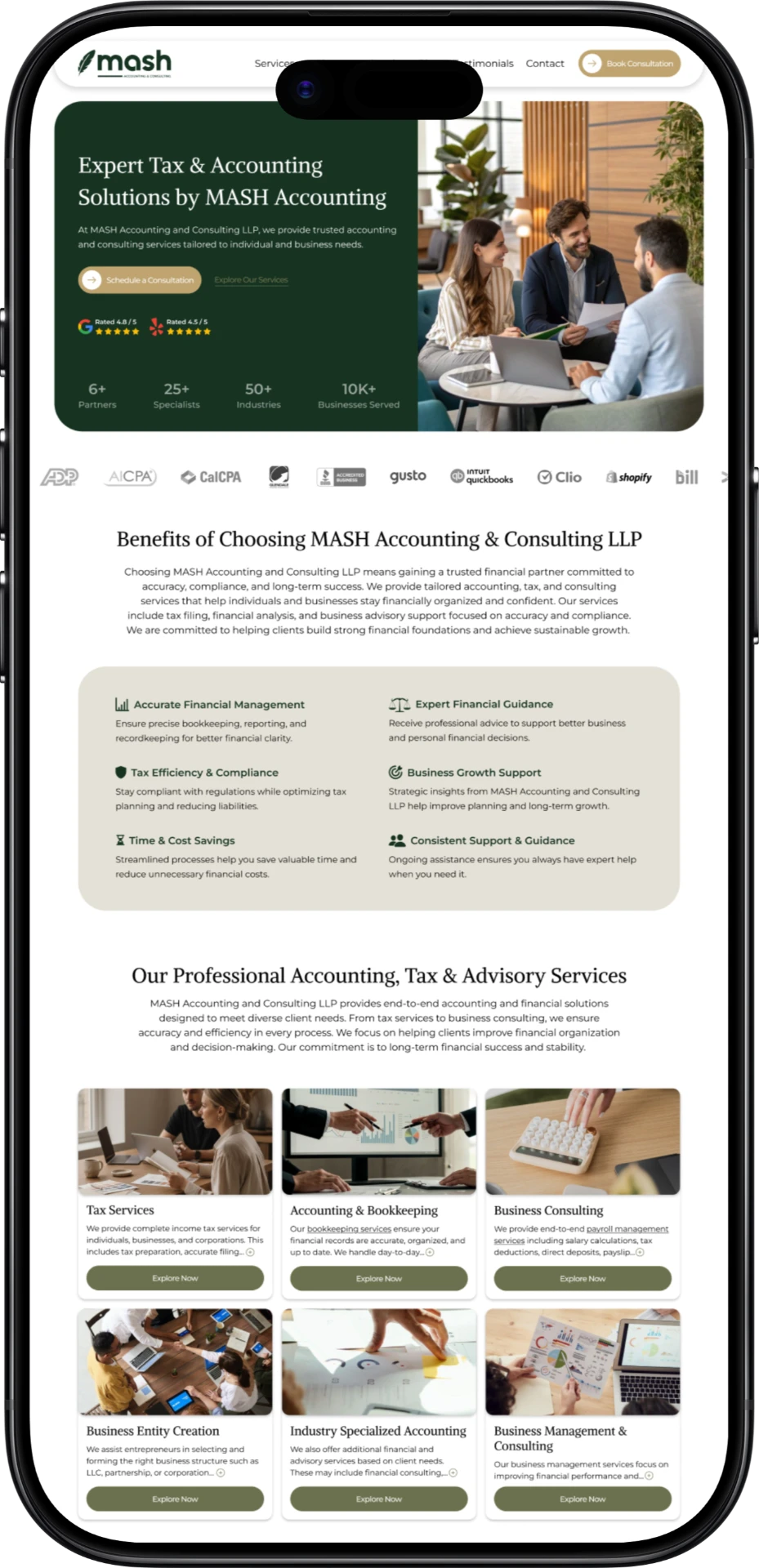 MASH Accounting website on phone