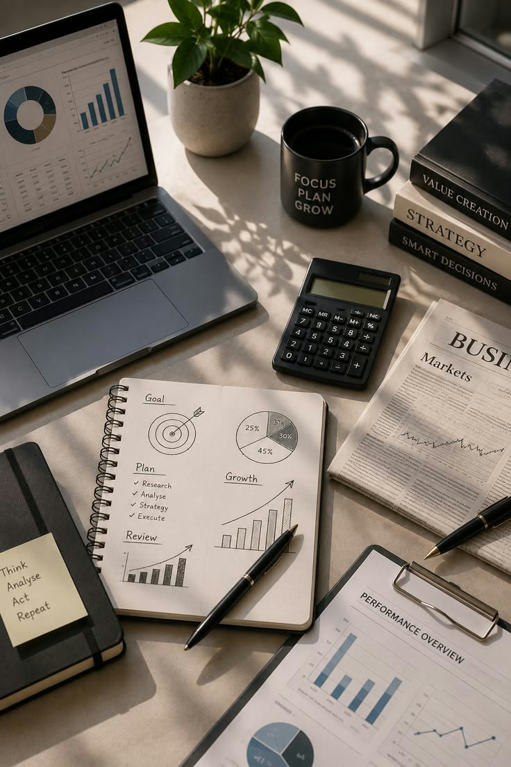 Financial planning desk with charts and strategy notes
